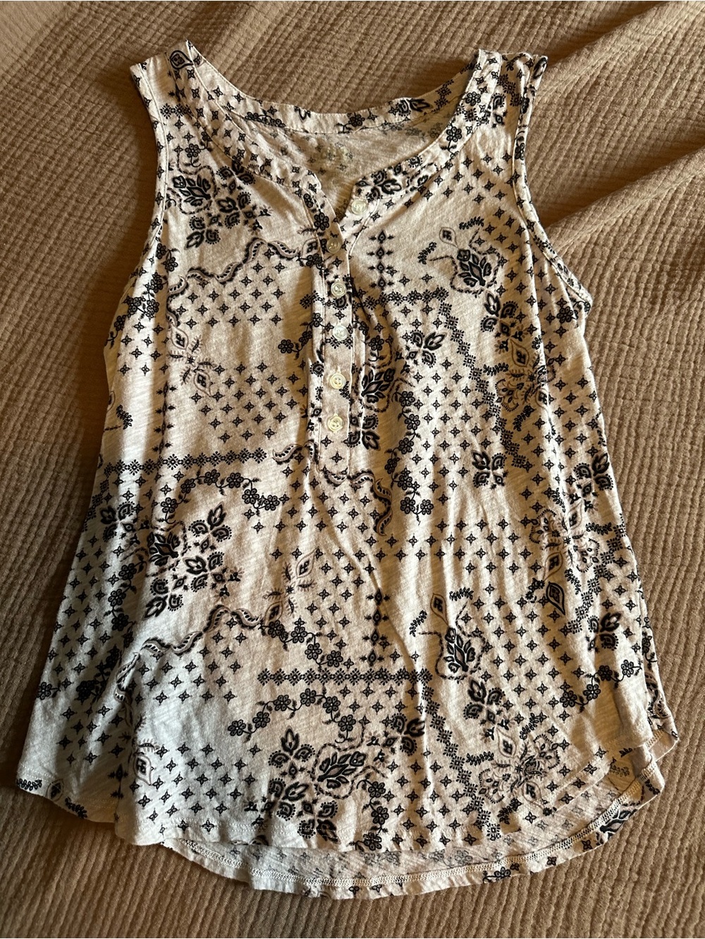 Sleeveless Cream & Black Printed Henley Tank Top